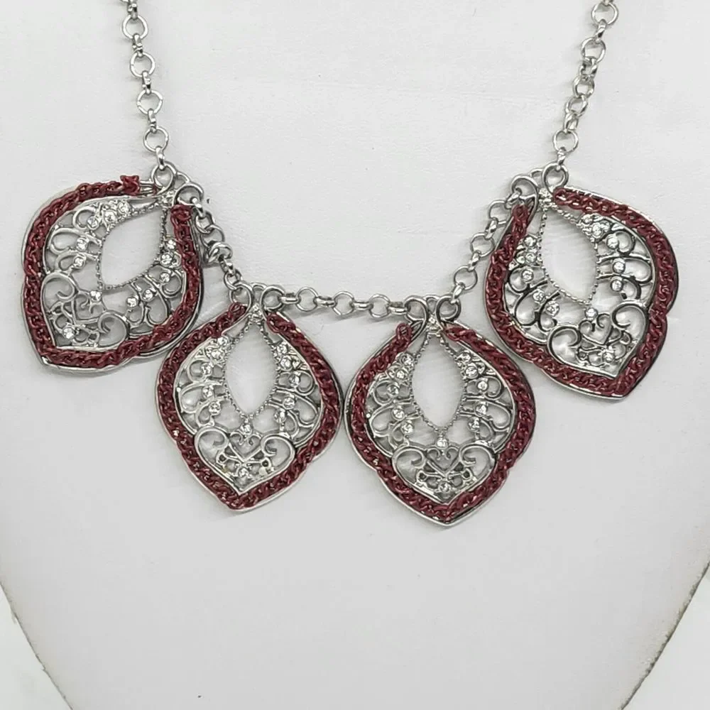 Silver Tone And Red Open Work Filigree Style‎ Necklace